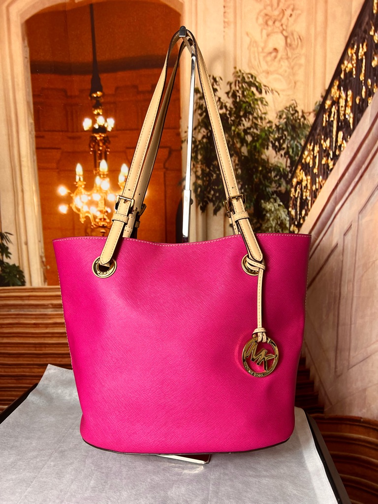 Michael Kors Jet Set Travel Tote Hot Pink Fushia Saffiano Leather Cream Handles